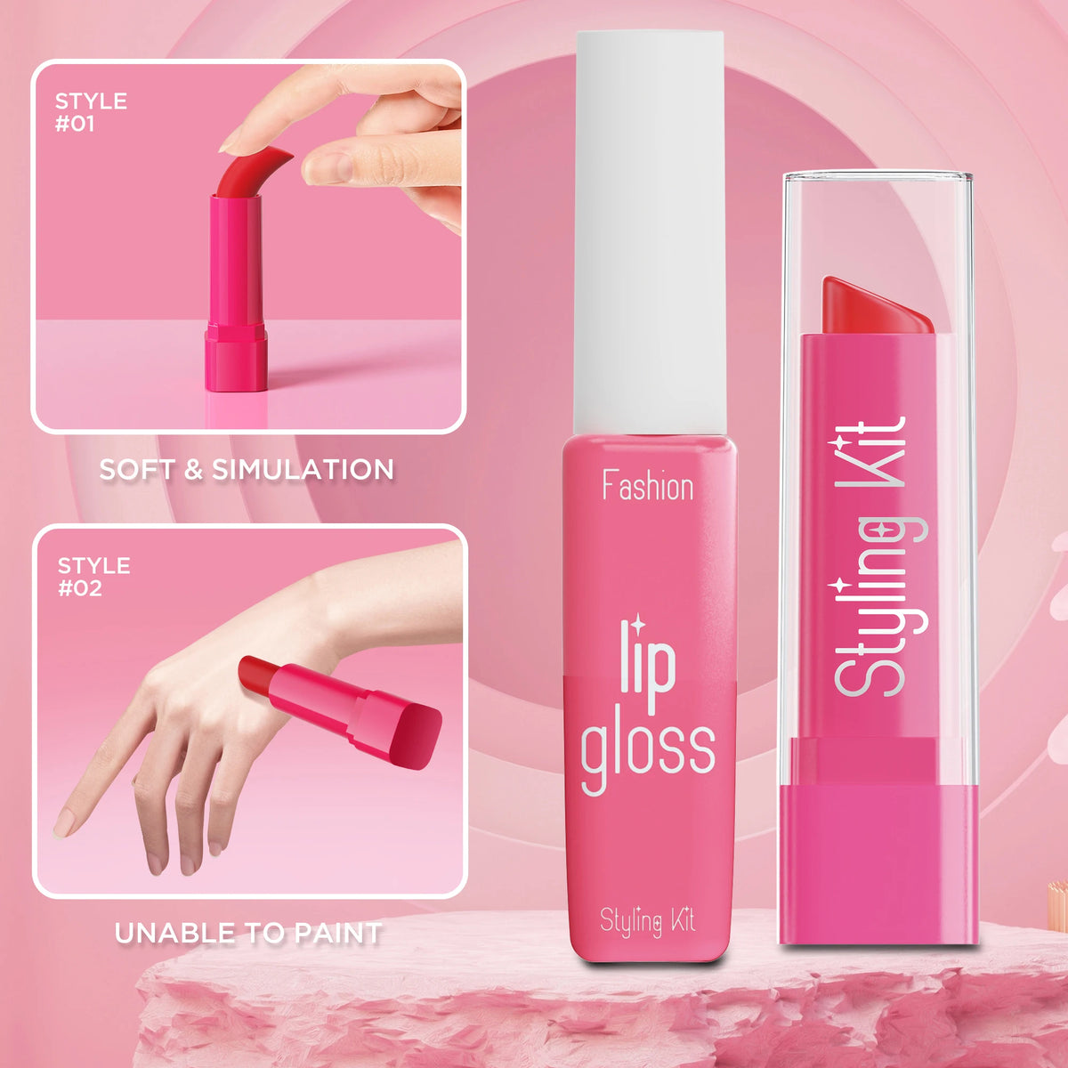 A pink lip gloss and styling kit with a red applicator shown next to a glass tube.