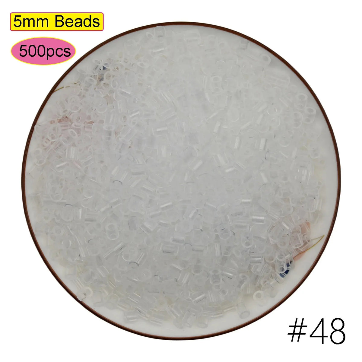 A circular display of 5mm clear beads, packaged for a craft kit.