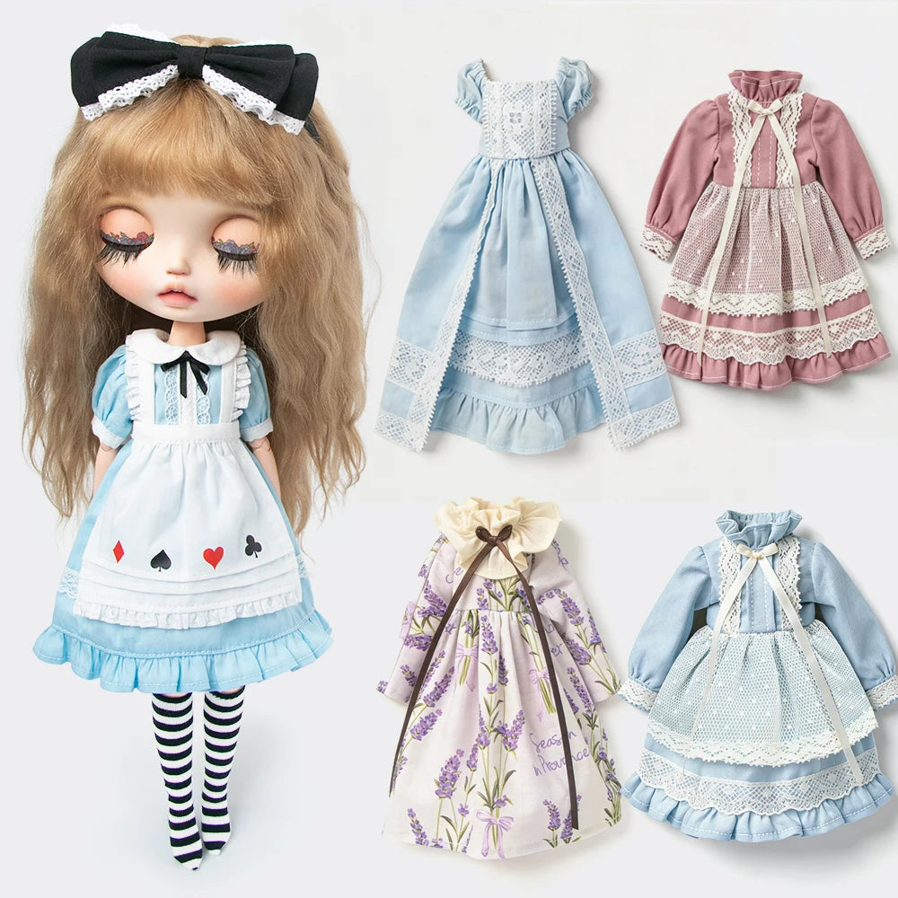 A doll wearing a blue lace maid dress set with pink and white accents, featuring ruffled sleeves and a tiered skirt.