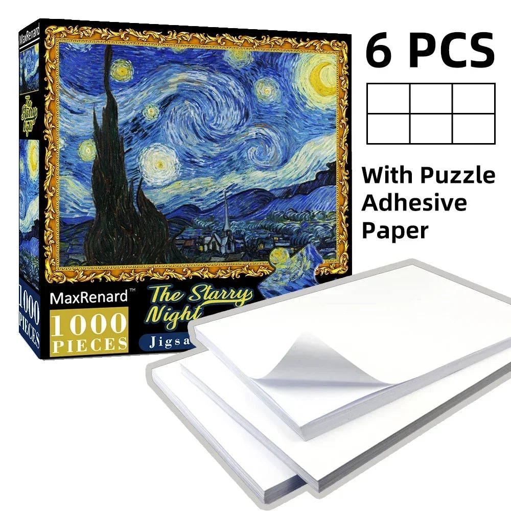 Box of a 1000-piece jigsaw puzzle featuring The Starry Night painting with adhesive paper sheets