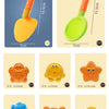 Kids beach sand play set featuring a yellow shovel and green bucket alongside orange and blue sand molds.