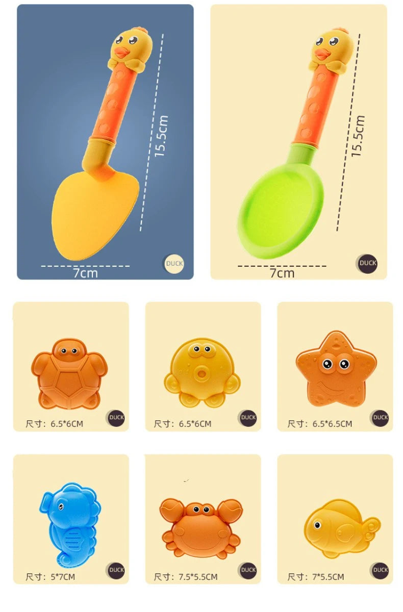 Kids beach sand play set featuring a yellow shovel and green bucket alongside orange and blue sand molds.
