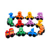 A colorful wooden magnetic train set featuring various colored vehicles for toddlers.