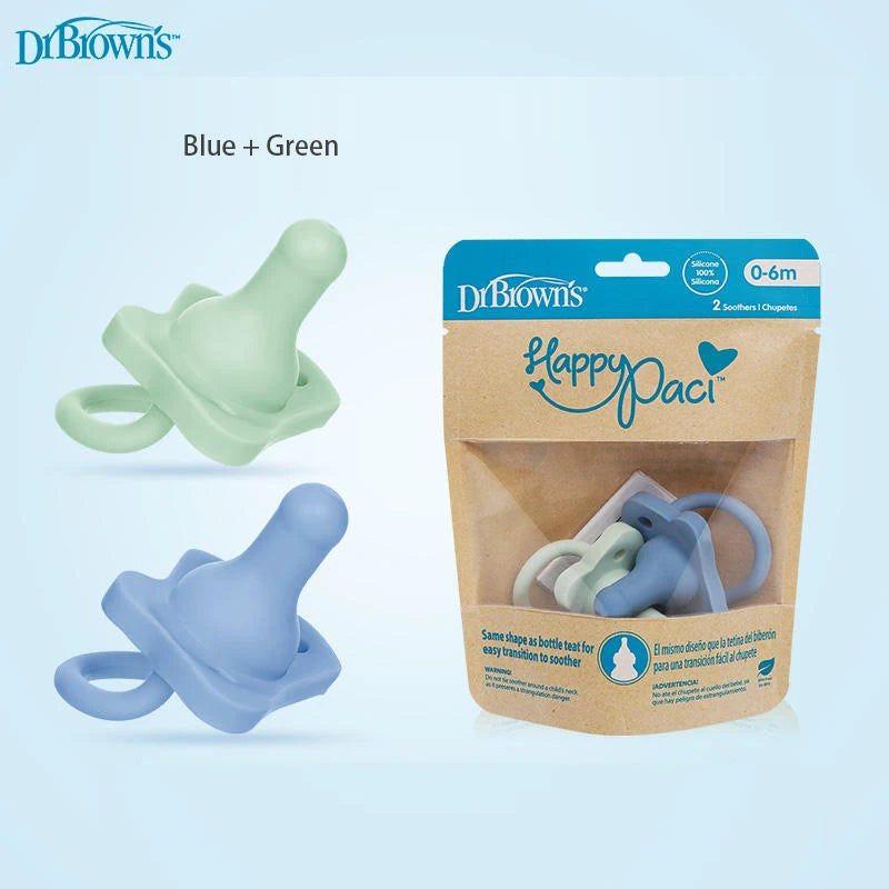 DrBrown's Happy Paci silicone pacifier set in blue and green colors packaged for infants