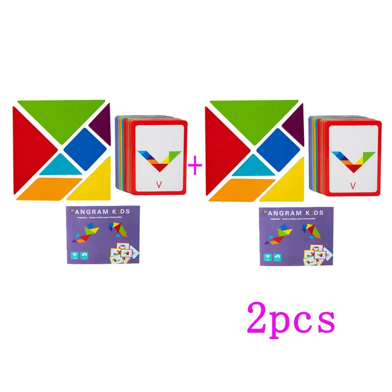 A set of two wooden tangram puzzles featuring colorful geometric shapes and a letter V.