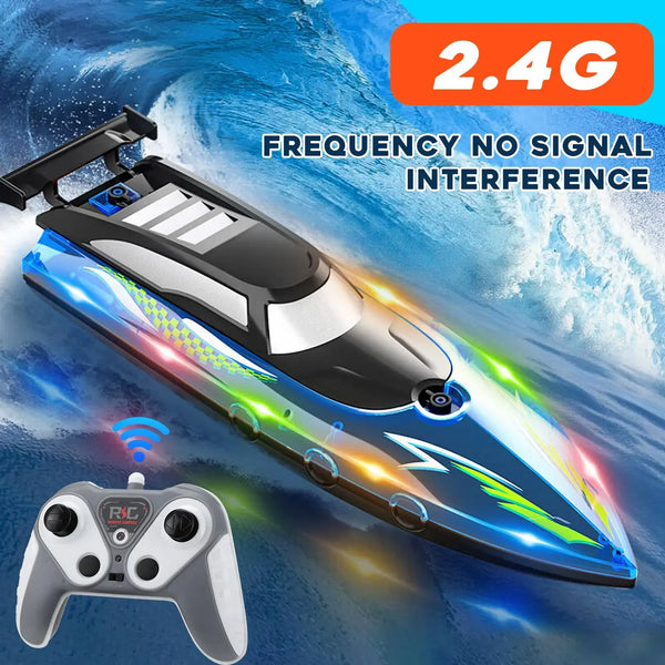 A high-performance LED RC boat is shown next to a controller, emphasizing 2.4G frequency and no signal interference.
