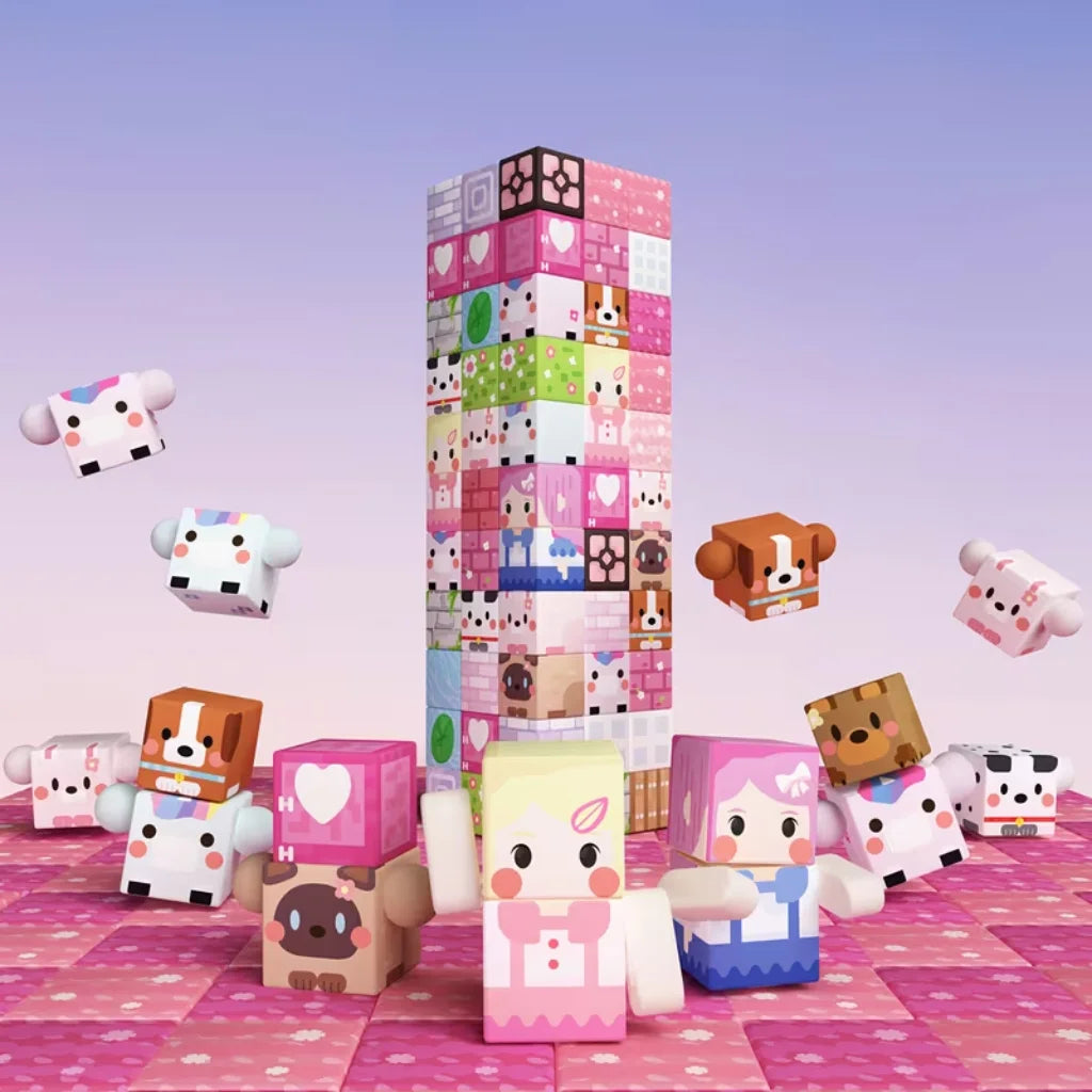 A collection of pink and pastel magnetic building blocks shaped like characters and castle elements.