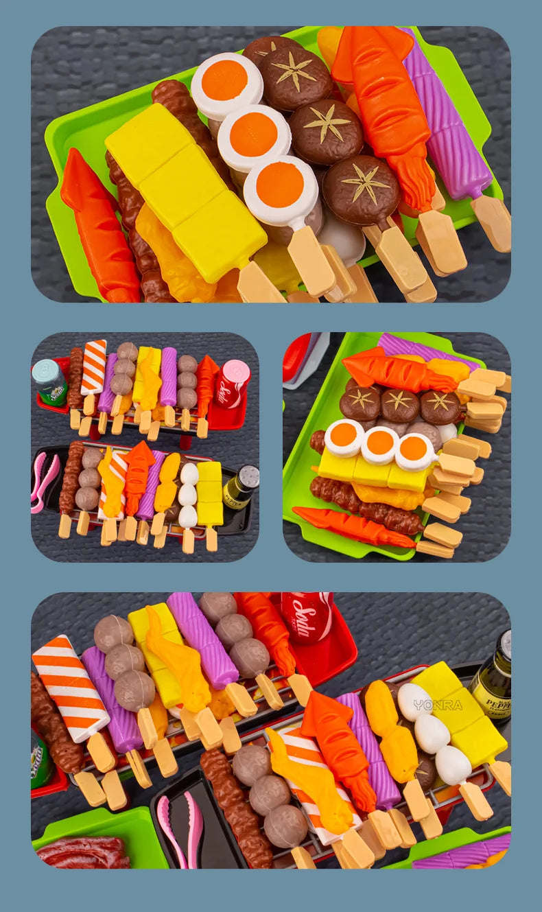 A colorful set of mini barbecue food items including sausages, hot dogs, and various meats on wooden sticks.
