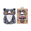 A plush toy of a striped cat with large eyes is shown next to its packaging box.