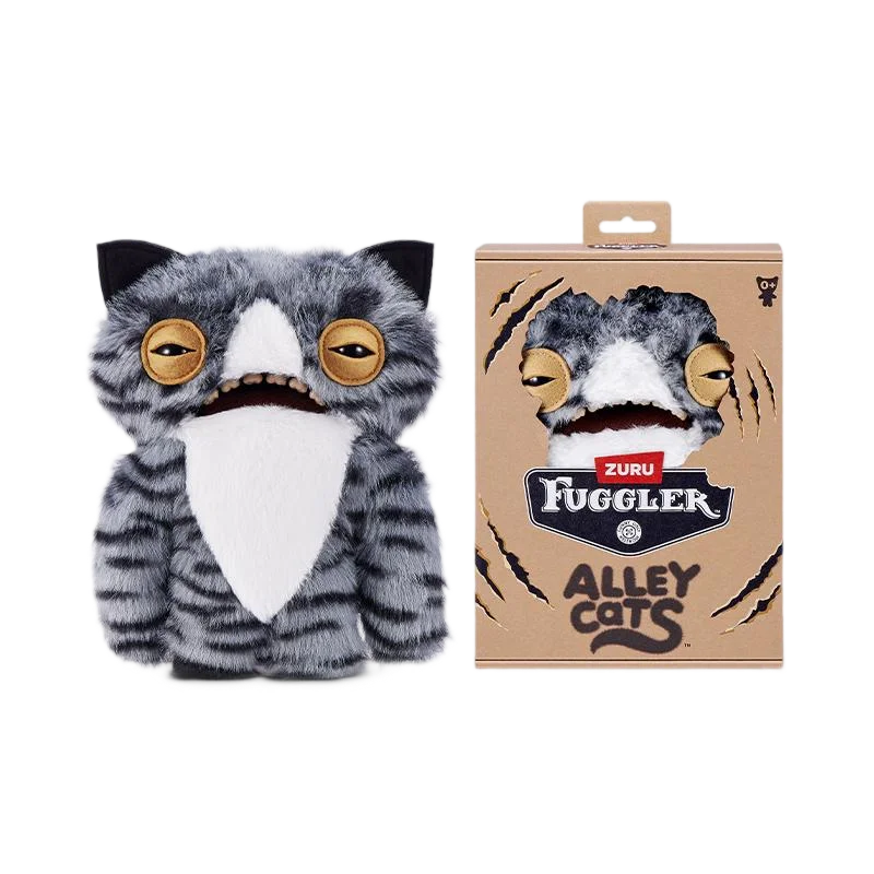 A plush toy of a striped cat with large eyes is shown next to its packaging box.