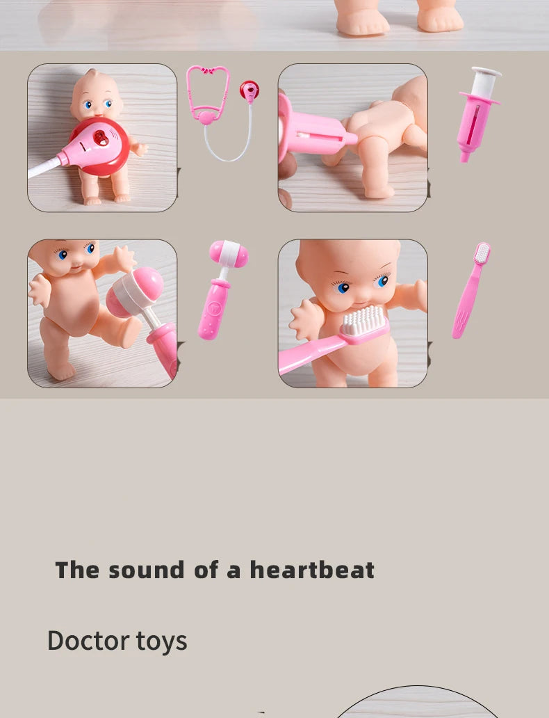 A set of pink and white doctor toys including a stethoscope, syringe, and various medical tools for pretend play.