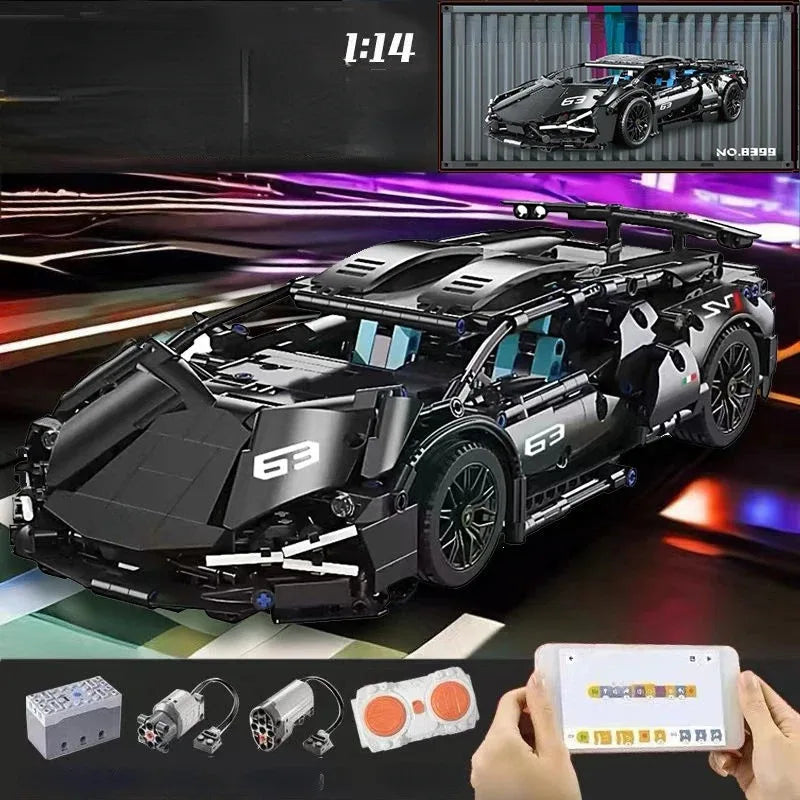 A detailed 1:14 scale black RC sports car model kit with components and a remote control transmitter shown alongside the fini