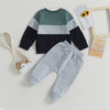 Toddler boys color block sweatshirt and pants set featuring gray, black, and olive green colors.