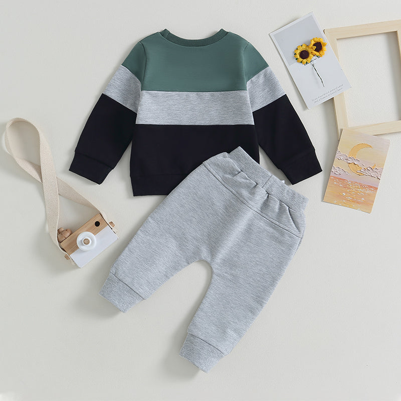 Toddler boys color block sweatshirt and pants set featuring gray, black, and olive green colors.