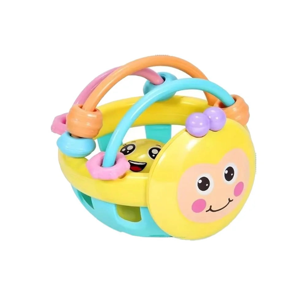 A yellow baby pull-string sensory toy with silicone teether and colorful silicone rings.