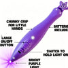 A purple glowing doodle plush doll with a chunky grip, large on/off button, and switch to hold light on.