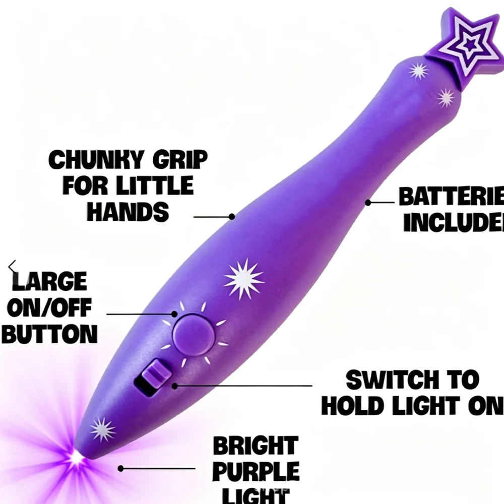 A purple glowing doodle plush doll with a chunky grip, large on/off button, and switch to hold light on.