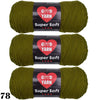 Three balls of Super Soft Yarn in olive green color packaged with labels