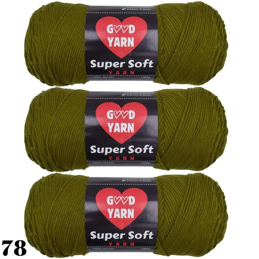 Three balls of Super Soft Yarn in olive green color packaged with labels