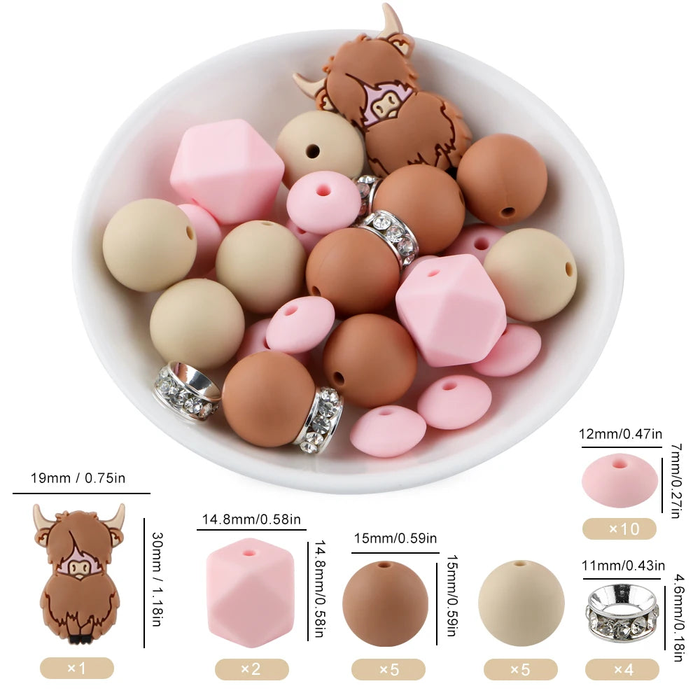 A bowl filled with various silicone beads shaped like cartoon animals in shades of pink and brown for DIY jewelry making