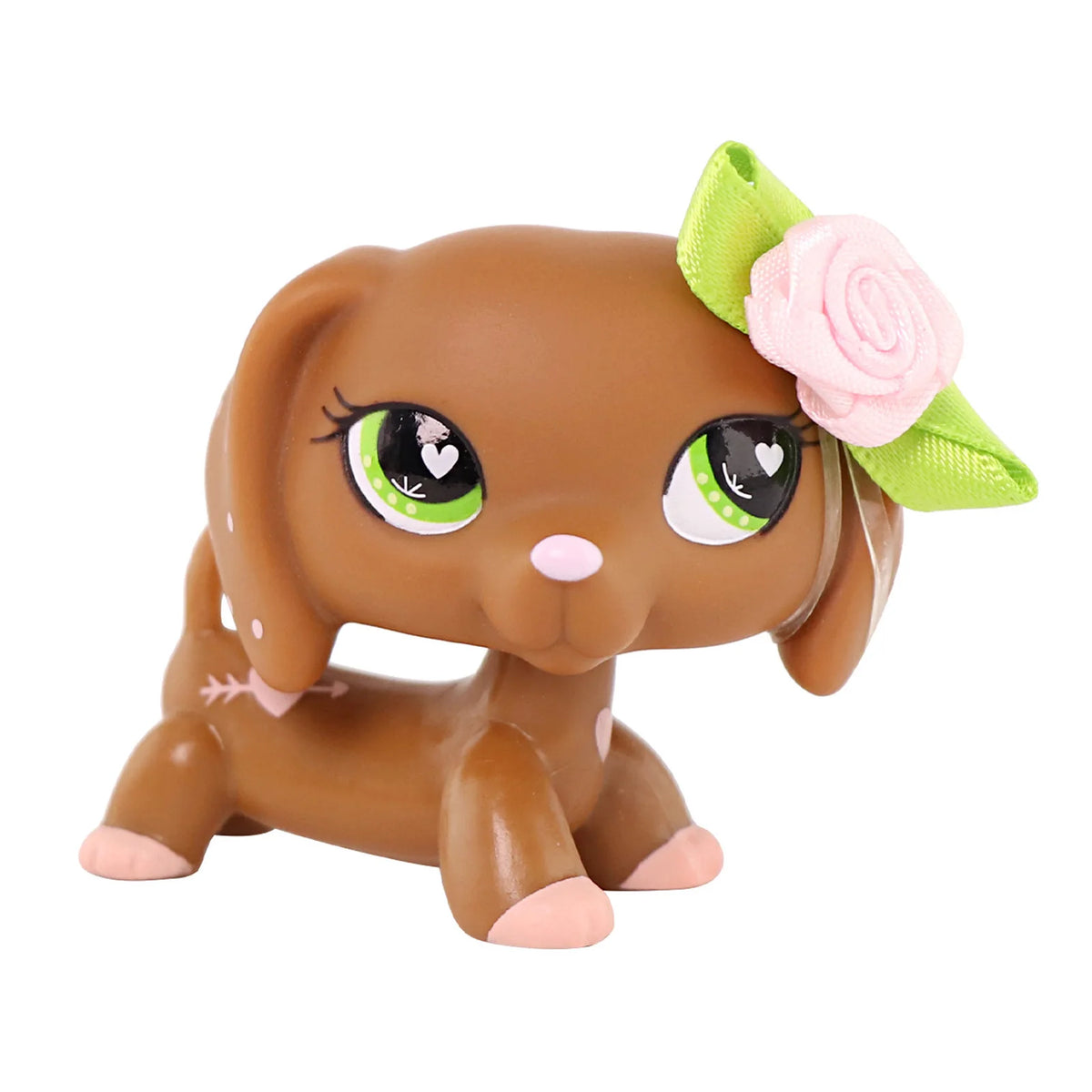 A brown miniature pet animal figure with pink accents and a light green rose accessory.
