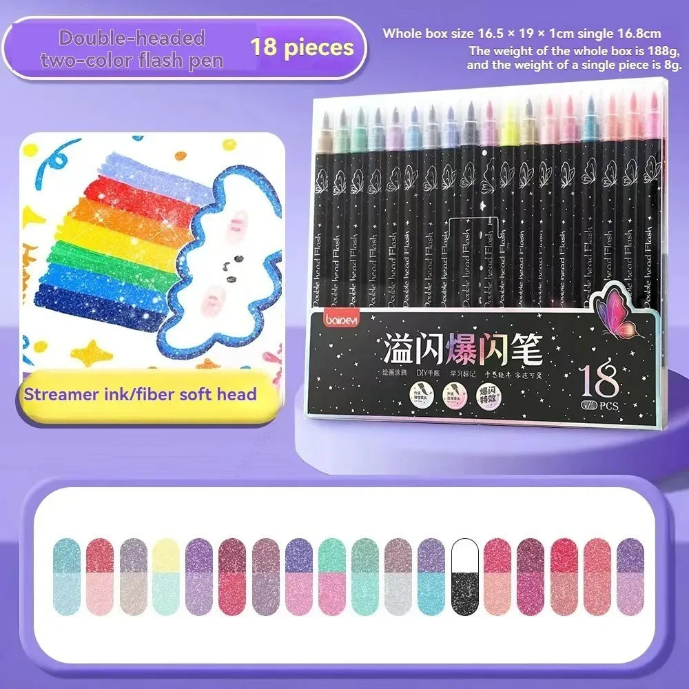 A box of 18 dual-headed two-color flash pens with metallic glitter ink and fiber soft heads.
