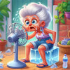 A distressed cartoon woman with white hair is using a full round drill in a DIY diamond painting kit.