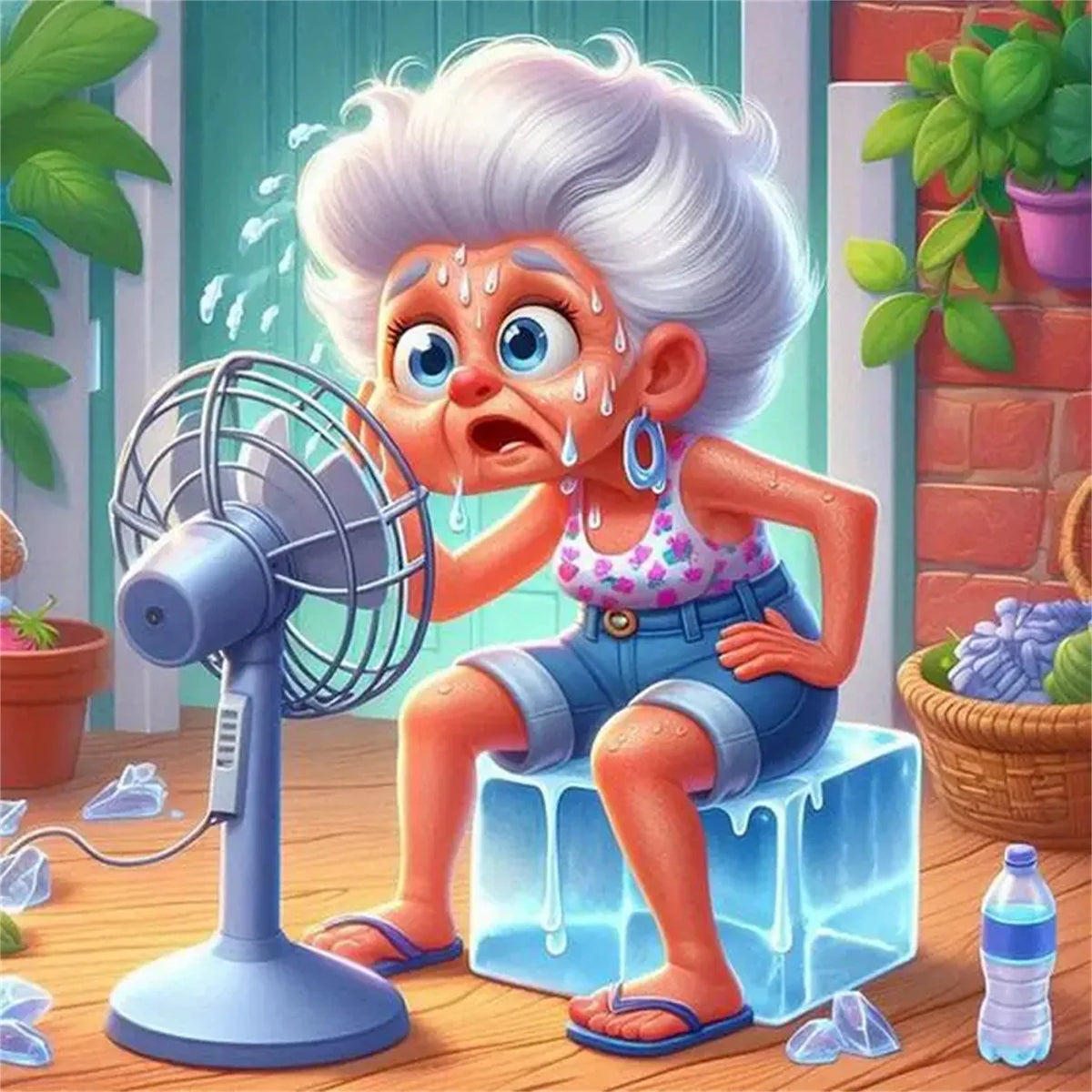 A distressed cartoon woman with white hair is using a full round drill in a DIY diamond painting kit.