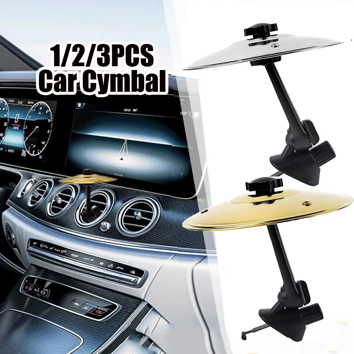 A set of three clip-on car cymbal percussion instruments shown next to a car dashboard interior.