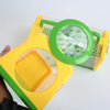 A yellow and green kids insect catcher with a clear observation window and mesh cage.
