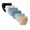 A pack of four reusable cotton potty training pants in black, light blue, gray, and beige.