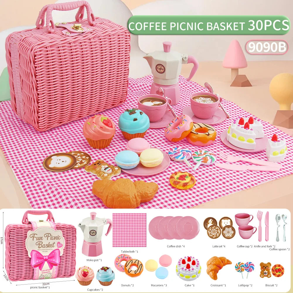 Pink wicker picnic basket set with various food items and accessories for a pretend play tea party