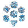 A set of six silver and blue 7mm mini metal dice with a bullet box for tabletop role-playing games