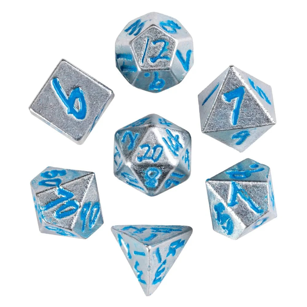 A set of six silver and blue 7mm mini metal dice with a bullet box for tabletop role-playing games