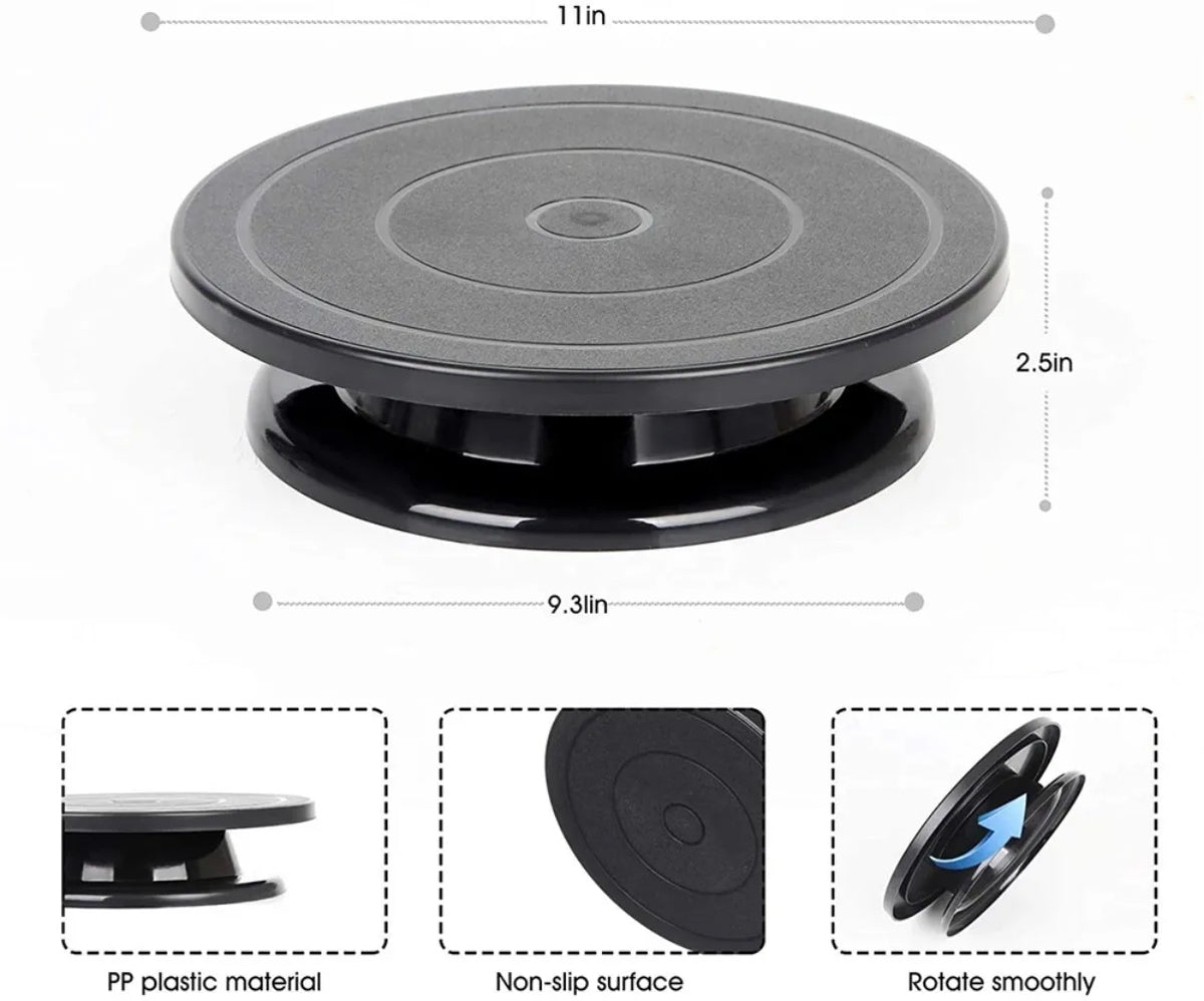 A black cake decorating kit featuring a rotating turntable, spatulas, and scrapers made of PP plastic material.