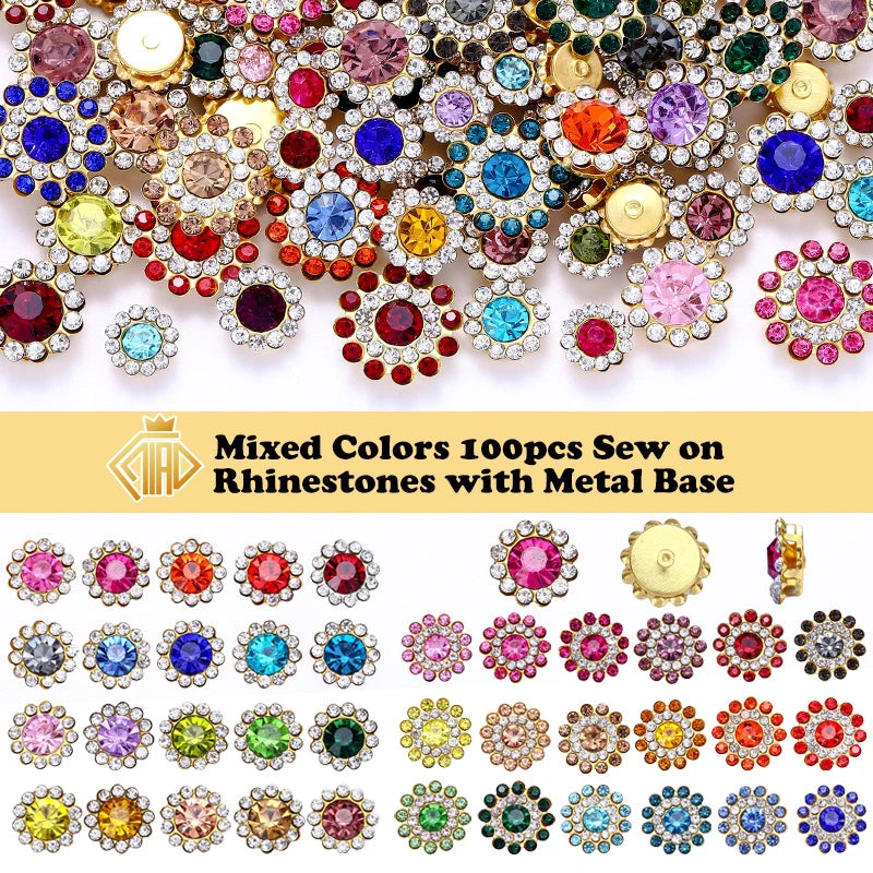 Mixed colors of 100 pieces of sew-on rhinestones with a metal base arranged in various patterns