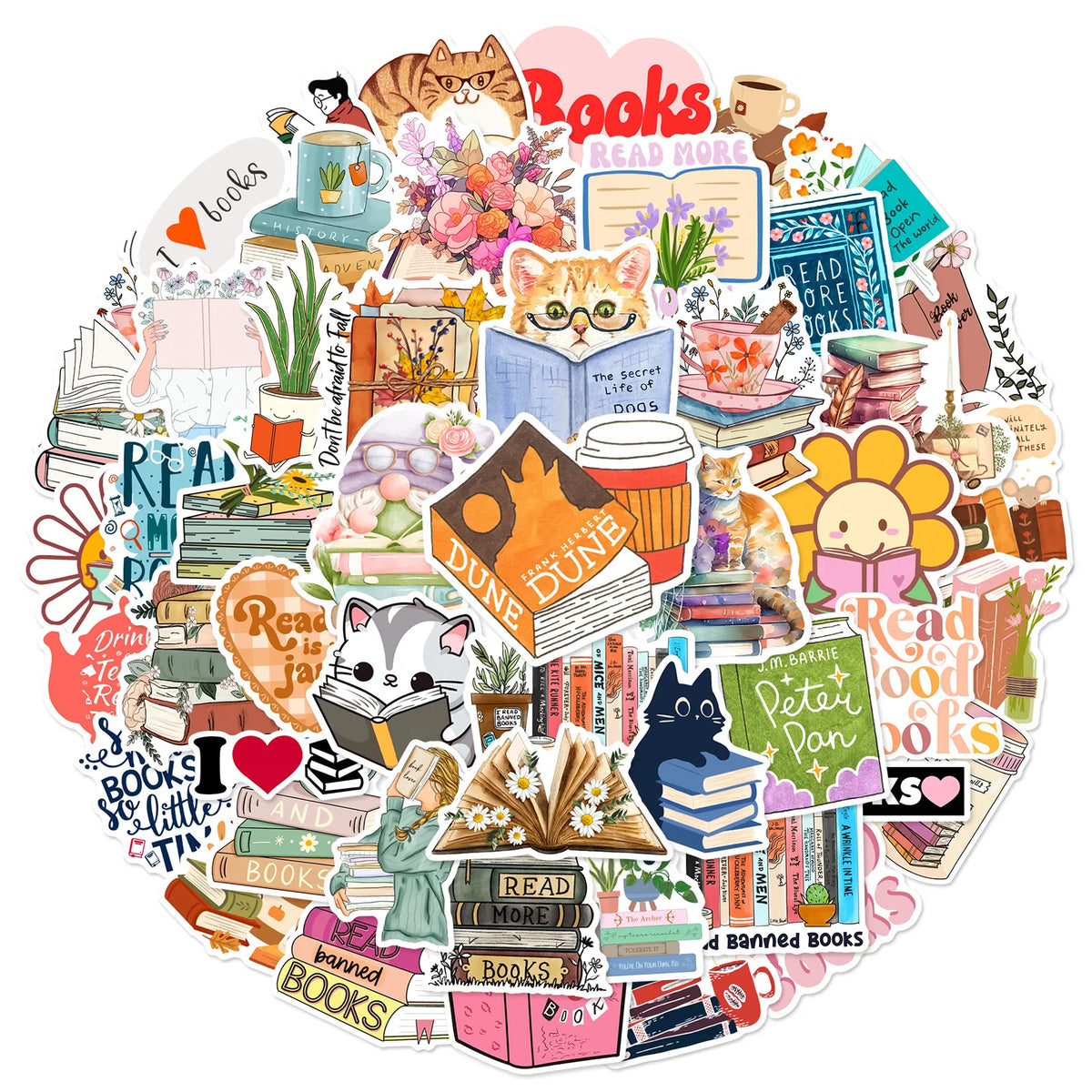 A colorful collection of book-themed stickers featuring cats, books, and reading motifs for journaling and scrapbooking.