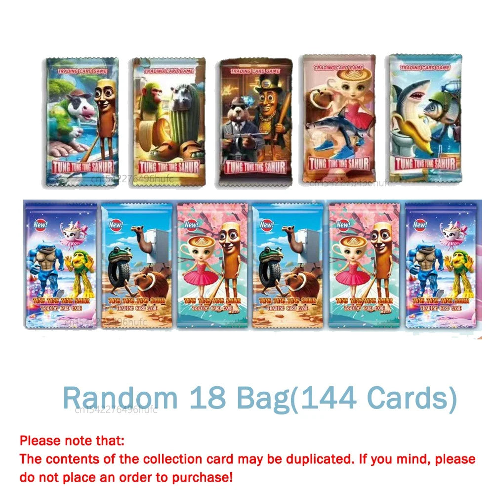 A collection of 18 bags containing 144 funny collectible trading cards featuring meme characters and humorous designs.
