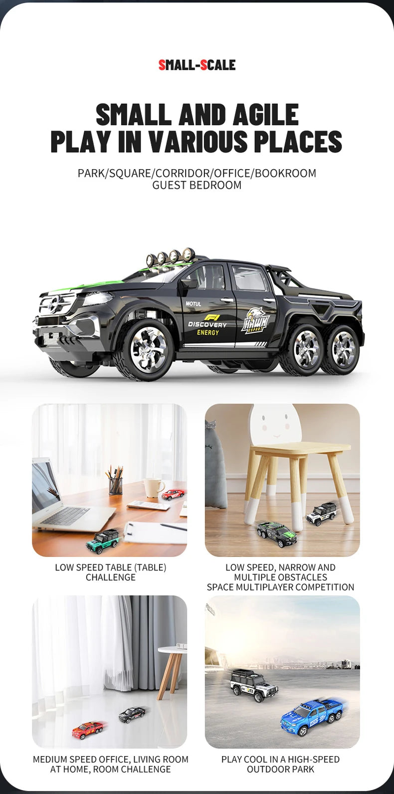 A black Ford Ranger pickup truck is shown in a small-scale model context for various play locations.