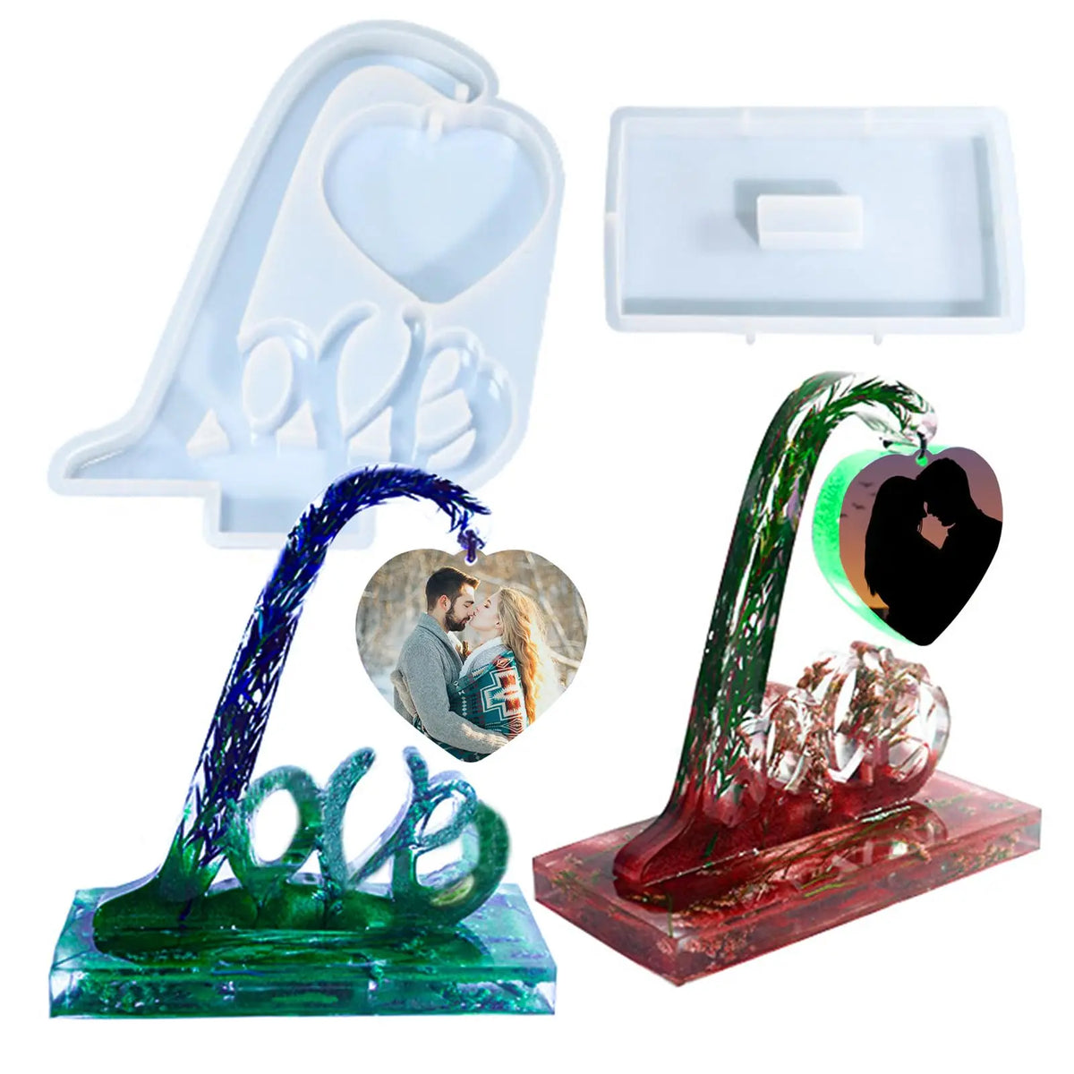 A silicone mold and resin casting featuring a heart shape with a silhouette of two people inside.