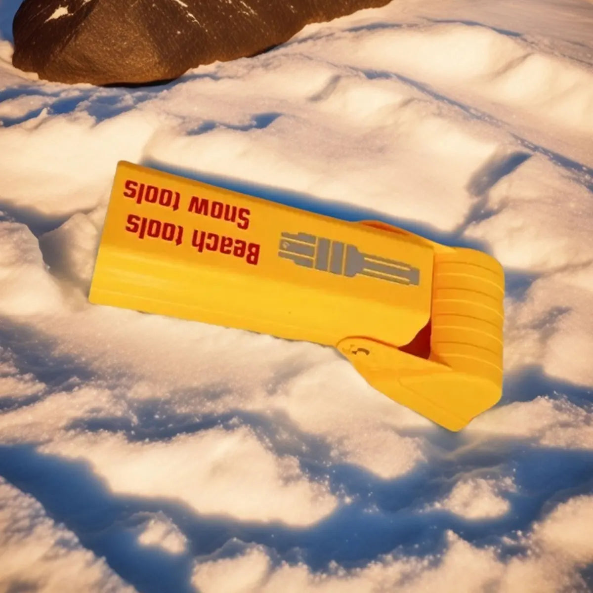 A yellow beach tools excavator toy lying on a snowy surface.