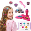 A girl shows off a long brown hair decorated with various colorful plastic gems and a pink DIY hair stamper kit.