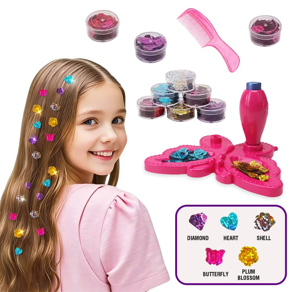 A girl shows off a long brown hair decorated with various colorful plastic gems and a pink DIY hair stamper kit.