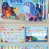 A set of Montessori word recognition quiet book featuring colorful letters and numbers for learning.