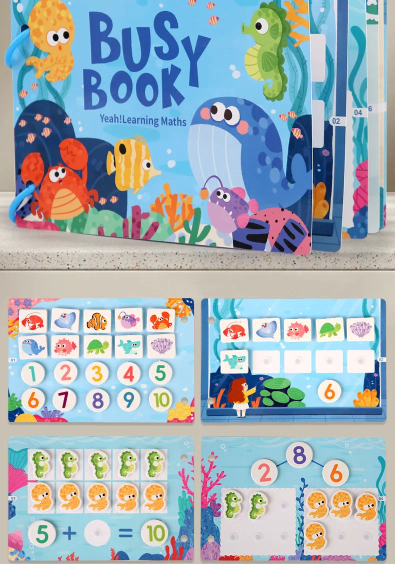 A set of Montessori word recognition quiet book featuring colorful letters and numbers for learning.