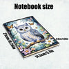 Notebook size guide showing the dimensions of a DIY Diamond Art notebook featuring an owl and floral designs.