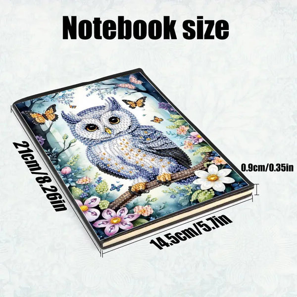 Guide des tailles de carnet DIY Diamond Art avec hibou et motifs floraux.