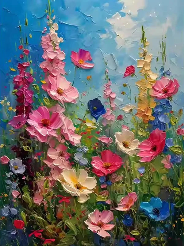Vibrant painting of a lavender flower field featuring pink, purple, and yellow blossoms against a blue sky.