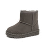 A pair of gray, cozy fur-lined winter boots with a slip-on style and a textured sole.