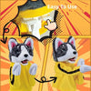 A yellow puppet of a husky dog is shown with an easy to use feature and another puppet in the same style.